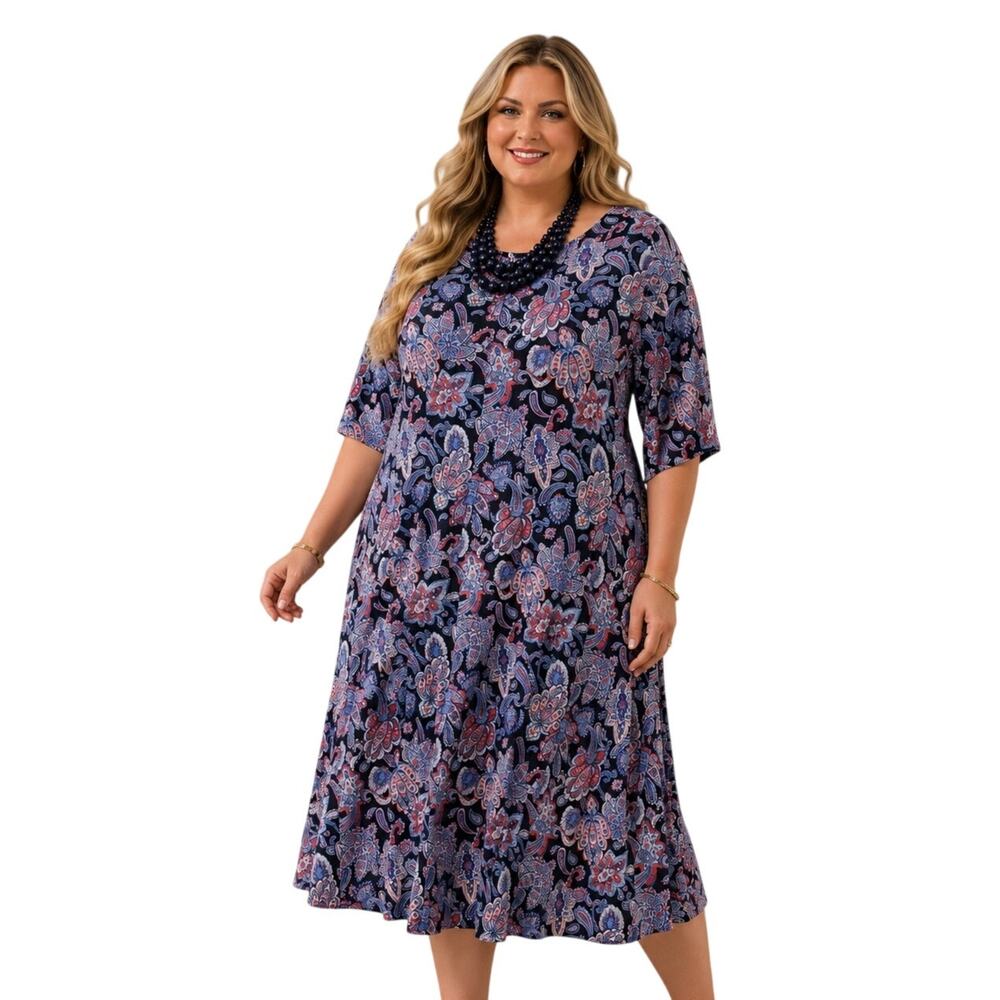 Roman’s Paisley Midi Dress Plus Size 18/20 Blue Purple Stretch Knit - Picture 2 of 2